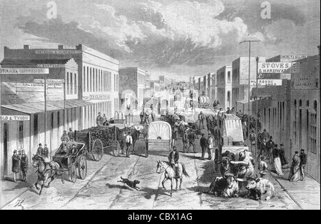 Rue principale ou scène de rue à Denver, Colorado, États-Unis d'Amérique, États-Unis, États-Unis ou États-Unis. 1868 gravure ou illustration ancienne Banque D'Images