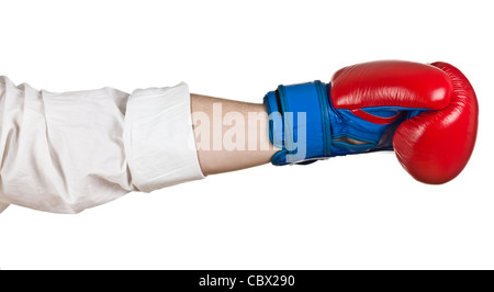 La main avec la boxe Gloces on white Banque D'Images