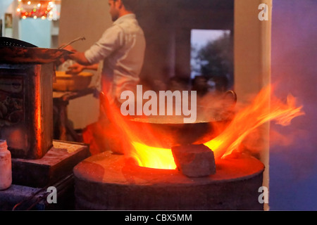 Chef vous mijote de bordure des flammes de cari dans Jammu Cachemire sur four tandoor Banque D'Images