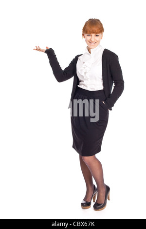 Femme tenant quelque chose d'isolé sur fond blanc Banque D'Images