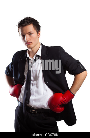 Businessman Wearing Boxing gloves, sur fond blanc Banque D'Images