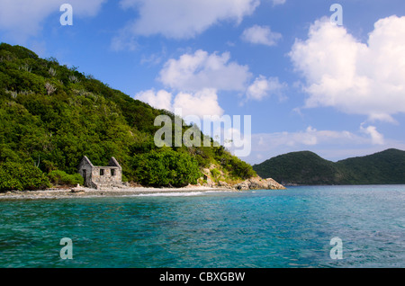 ÎLES VIERGES AMÉRICAINES, États-Unis — une structure en pierre abandonnée se dresse sur la rive de Whistling Cay, une petite île inhabitée au large de la côte de Saint John dans les îles Vierges américaines. Les ruines altérées contrastent avec le paysage tropical des Caraïbes. Banque D'Images