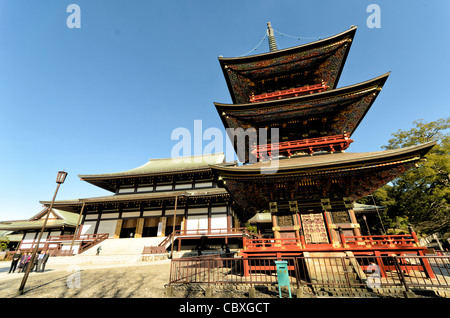 NARITA, Japon - La grande salle principale. Les trois étages pagode, Comité permanent 25 mètres de haut, a été construit en 1712. C'est peint de couleurs vives avec richement décoré de chevrons, dragons, sculpté et sculptures de 16 RAKAN ou disciples du Bouddha comment atteindre le nirvana. Au premier étage's inner sanctum est GOCHI-NYORAI (cinq) Tathagas qui serait doté de la sagesse de Bouddha. Le temple Narita-san, également connu sous le nom de Shinsho-Ji (nouveau) Temple de la Victoire, temple bouddhiste Shingon est complexe, a été établi pour la première fois 940 dans la ville japonaise de Narita, à l'Est de Tokyo. Banque D'Images