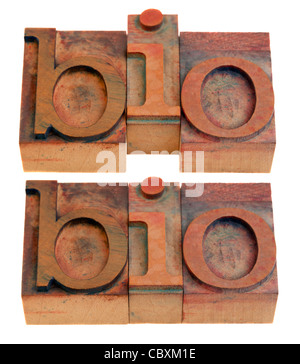Biographie ou de biologie, bio concept mot de raccourcissement dans la typographie en bois vintage blocks isolé sur blanc, deux modèles Banque D'Images