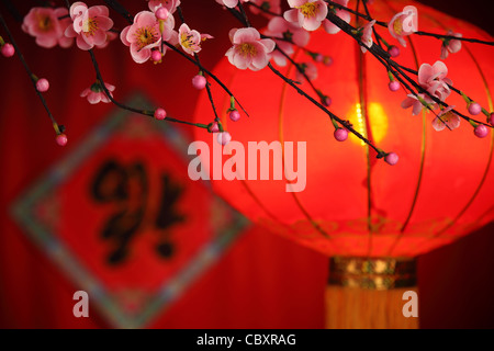 La décoration du nouvel an chinois--lanterne traditionnelle et de prunier sur un arrière-plan de fête. Banque D'Images