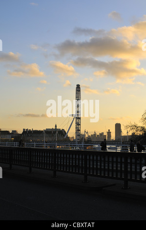 Voir le profil de London Eye au coucher du soleil. Banque D'Images