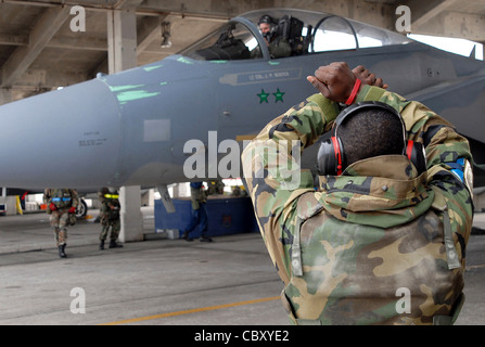 Airman 1ère classe Lewis McNeal met en place un Eagle F-15 piloté par le capitaine Mike Jones lors de l'exercice Beverly High 08-3 janvier 9 à la base aérienne de Kadena, au Japon. Les F-15 de Kadena AB ont été mis à terre depuis novembre, mais 65 pour cent de la flotte a été autorisée à reprendre les opérations de vol. L'aviateur McNeal est affecté au 18e Escadron de maintenance des aéronefs et le capitaine Jones est affecté au 44e Escadron de chasseurs. Banque D'Images