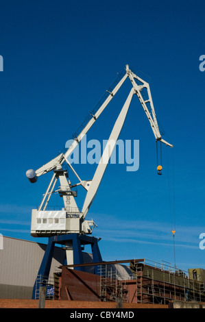 Grue de tour blanche sur les chantiers navals de Celaya dans la rivière Nervion à Erandio, Bizkaia Banque D'Images