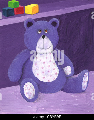 Illustration acrylique violet de teddy assis sur l'étagère Banque D'Images