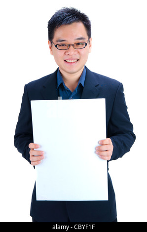 Asian business man holding blank carton Banque D'Images