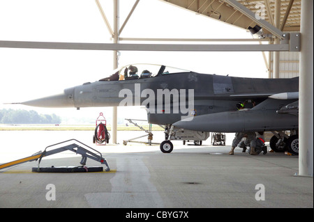 Le capitaine Dave Snodgrass prépare un faucon de combat F-16 pour le décollage dans une ruée d'exercice intitulée fertile Keynote le 11 août à la base aérienne de Shaw, S.C. l'exercice, avec la coopération de la patrouille aérienne civile, a permis de former l'équipe de maintenance d'alerte et les pilotes pour des situations réelles. Le capitaine Snodgrass est un pilote du 79e Escadron de chasseurs F-16. Banque D'Images