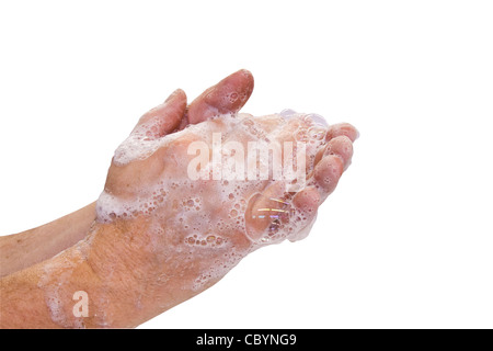 Les mains lavées avec des bulles de savon isolé sur un fond blanc avec un chemin de détourage à sa taille d'origine Banque D'Images