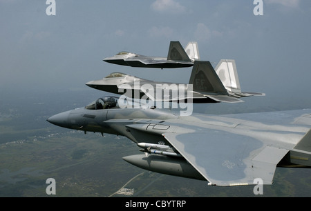 Les F-22 Raptors volent en formation. Les fonctionnaires du ministère de la Défense ne financent que partiellement l'expansion de la production d'avions F-22, laissant la décision d'étendre encore davantage l'administration présidentielle entrante. Banque D'Images