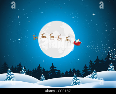 Illustration de santa conduisant le traîneau et ses rennes dans la nuit Banque D'Images