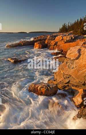 Les vagues déferlent sur le littoral le long d'Ocean Drive, Mount Desert Island, l'Acadia National Park, Maine, USA Banque D'Images