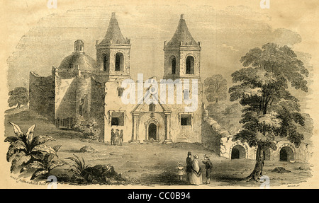 1854 gravure, Concepción de la Mission à San Antonio, Texas, créé en 1716. Banque D'Images