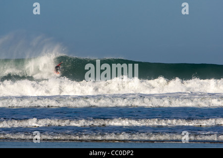 Un surfeur sur une grosse vague à Porthtowan beach, Cornwall. Banque D'Images