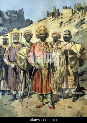 Ménélik II (1844-1913) Empereur d'Éthiopie (Abyssinie) avec sa garde royale, soldats ou courtisans, xixe siècle Gravure Banque D'Images