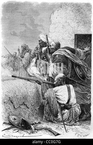 Des soldats ou des sépoys musulmans durant une mutinerie indienne (1857) dans la province de la frontière du Nord-Ouest, ou Kyber Pass, en Inde britannique, au Pakistan. Illustration ancienne ou gravure Banque D'Images