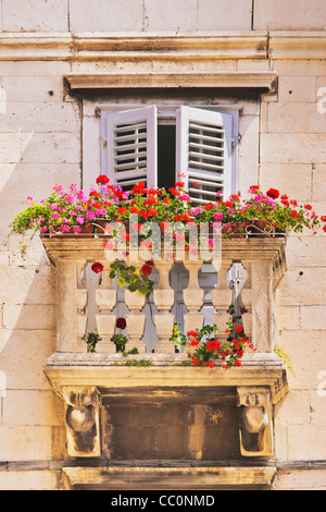 Photo détail d'un balcon avec des fleurs dans la vieille ville de Split, la Dalmatie, Croatie, Europe Banque D'Images