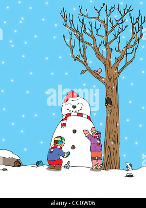 Illustration de la sculpture pour les enfants en hiver bonhomme de neige fond d'automne Banque D'Images