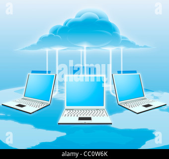 A conceptual illustration cloud computing. Ordinateur portable connecté à internet avec une carte du monde en arrière-plan. Banque D'Images