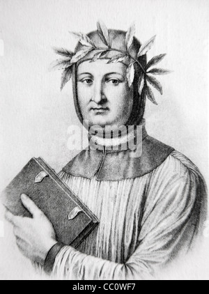 Petrarch ou Francesco Petrarca (1304-1374) poète, chercheur et humaniste italien tenant un livre. Portrait. Illustration ancienne ou gravure Banque D'Images