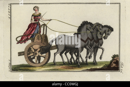 Femme avec une couronne de laurier conduisant un char à quatre chevaux grec. Banque D'Images