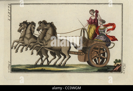 Les femmes avec couronne de laurier et d'un battement de manteaux pour conduire un char à quatre chevaux grec. Banque D'Images