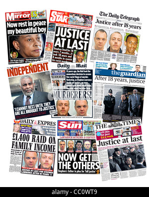 Journaux nationaux britanniques front page couverture du procès pour meurtre de Stephen Lawrence en 2012. Banque D'Images