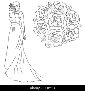 Silhouette d'une jeune mariée avec un bouquet de fleurs. Banque D'Images