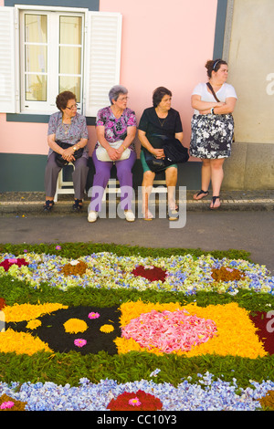 Tapis de fleurs et les pétales dans les rues sur l'île de Sao Miguel aux Açores Banque D'Images