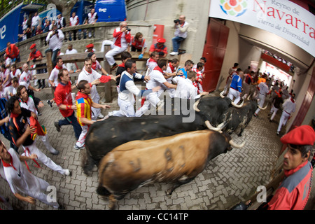 La foule courir avec les taureaux pendant le festival annuel de San Fermin (aka la course de taureaux à Pampelune, Espagne). Banque D'Images