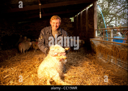 Éleveur et champion jouteur médiéval Philip Hughes - Sir Philip de galles - tendant un mouton sur sa ferme de Mid Wales UK Banque D'Images