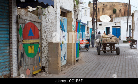 Peint aux couleurs vives de la rue, bien qu'un peu délabré, portes à El Jadida, Maroc. Banque D'Images