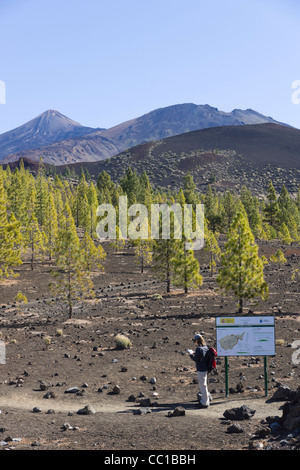 Le volcan de Samara, sentiers approche pour le Mont Teide, Tenerife. Carte de l'information et de conseil, avec jeune femme walker l'étude de site Banque D'Images