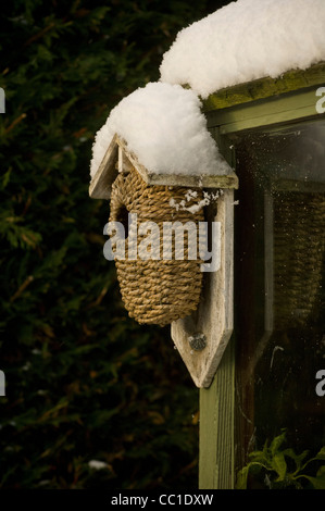 Boîte à oiseaux tissée recouverte de neige dans un jardin britannique. Banque D'Images