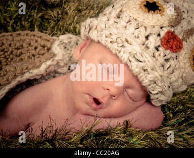 Fille nouveau-né de dormir sur une couverture vert poilu qui ressemble à l'herbe qu'elle a sur un Knit hat Owl et le couvercle. Banque D'Images