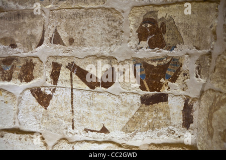 L'inscription du gouverneur Khentika dans sa chambre funéraire dans le mastaba de brique de boue à Balat, Dakhla Oasis, Egypte Banque D'Images