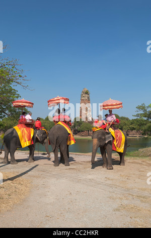 Équitation un éléphant tout en visitant le parc historique d'Ayutthaya ; au temple Wat Phra Ram, Ayutthaya, Thaïlande Banque D'Images