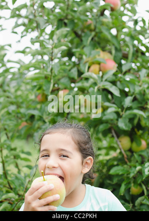 USA, New York, Warwick, Close up of girl (8-9) eating apple en verger Banque D'Images