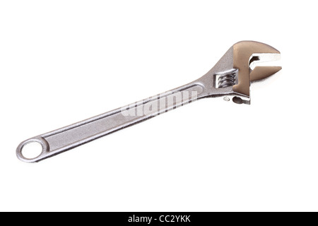 Clé ajustable métal clé singe isolé sur le fond blanc. Banque D'Images