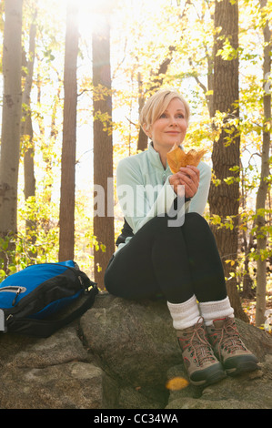 USA (New Jersey), Female hiker resting on rock in forest Banque D'Images