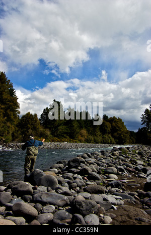 Fly fisherman casting flyline piscine profonde de pêche la truite de la rivière Tongariro en Nouvelle-Zélande Banque D'Images