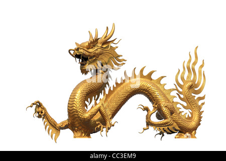 Golden dragon statue sur fond blanc Banque D'Images