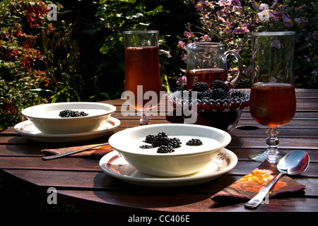 Bols avec du yogourt et des mûres cueillies fraîches sur la table dans le jardin sur un matin d'été Banque D'Images