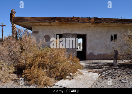 La mer de Salton, maintenant presque une ville fantôme, avec dead poisson Tilapia dansant le long du bord de la lac salin, Burnt Out bar, CA Banque D'Images