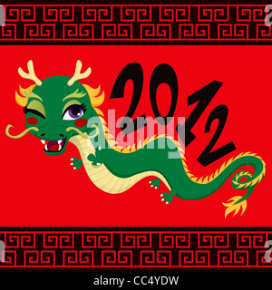 Dragon vert mignon greeting 2012 Célébration du Nouvel an chinois sur fond rouge Banque D'Images