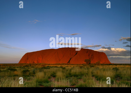 Twilight à Uluru, Dusk falls sur Ayers Rock, le Parc National d'Uluru-Kata Tjuta, Territoire du Nord, Australie Banque D'Images