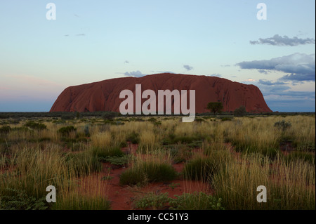 Twilight à Uluru, Dusk falls sur Ayers Rock, le Parc National d'Uluru-Kata Tjuta, Territoire du Nord, Australie Banque D'Images